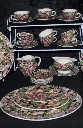 Myott Sons and Co Bermuda Brown Chintz Pattern Ironstone Dinnerware 42 Piece Set with Platters