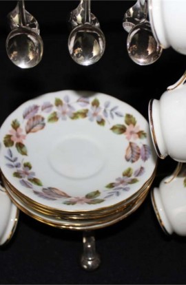 John Aynsley and Sons April Rose 2554 Pattern Fine Bone China Vintage Tea Set on Hanging Rack, 19 PIece Set , Service for Six