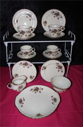 W H Grindley and Co Cream Petal Violets Pattern Fine Bone China Vintage , 15 Piece Tea Set , Cups , Saucers , Platter and Tea Plates